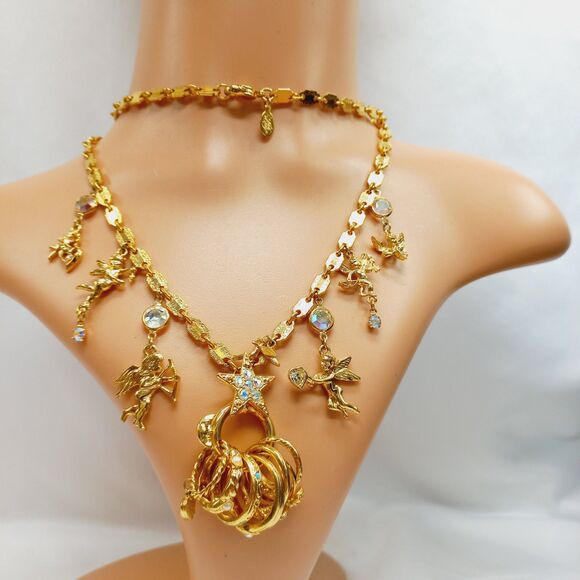 Kirks Folly Cupid Secrets of The 7 Angels Rings Gold Tone Long Necklace Vintage - Picture 11 of 11